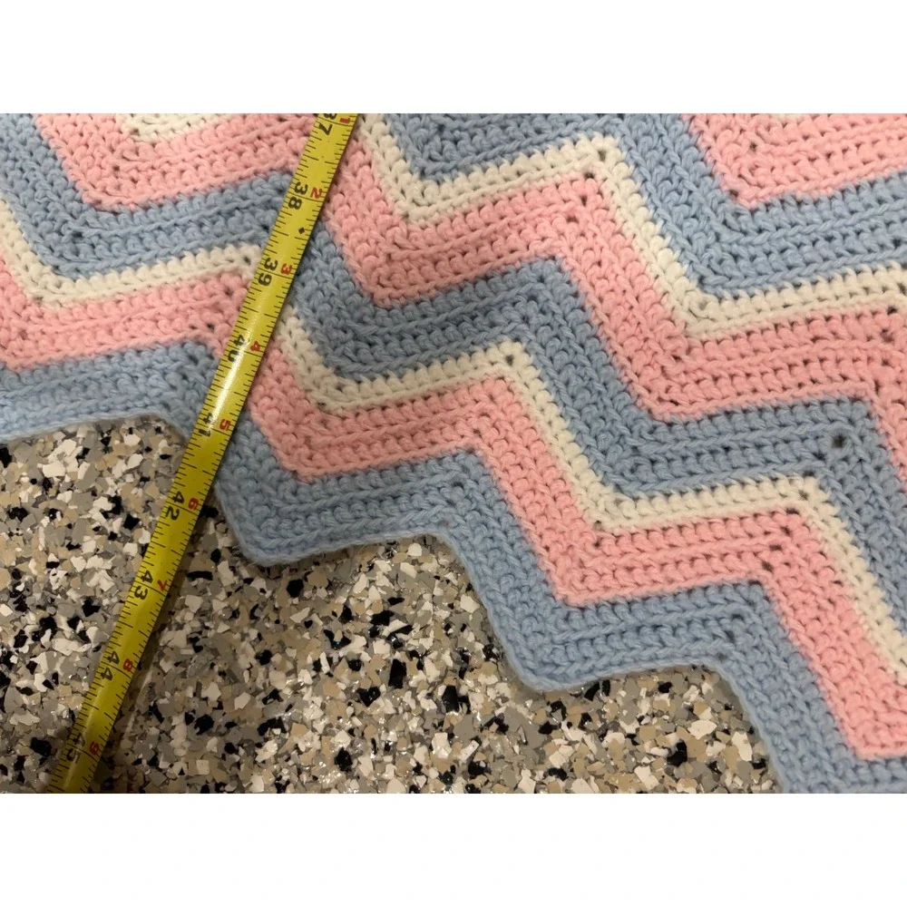 Vintage Handmade Crochet Baby Blanket Pink Blue White Chevron Ripple 32x44